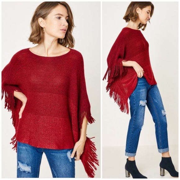 Sweaters - Wine Fringe Metallic Knit Poncho Sweater